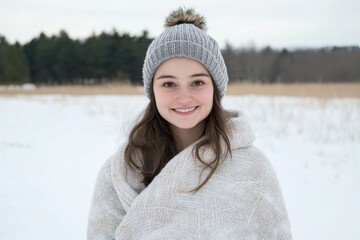 Canvas Print - An outdoor waist-up portrait of a beautiful brunette girl in the snow, wearing a winter hat and gloves on a sunny winter day, with a white Christmas atmosphere and a wintery theme.