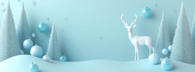 Wall Mural - Blue background with Merry Christmas and Happy New Year text. Winter holiday composition with realistic 3D design. Minimal ceramic gold deer, Christmas trees, and balls.