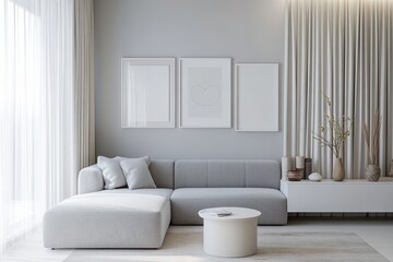 A modern living room featuring a light gray sofa with a matching ottoman, paired with a simple