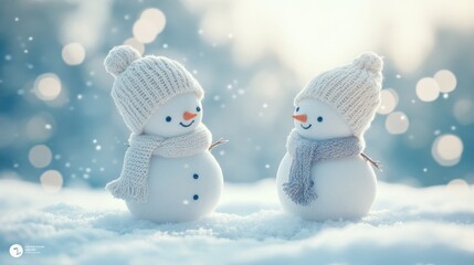 Wall Mural - On a blue background, there are little knitted snowmen on soft snow