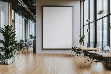 A modern office space with large windows, wooden flooring, and minimalist furniture