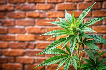 Wall Mural - Marijuana plant leaves in front of brick wall