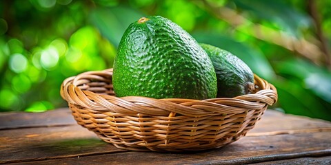 Wall Mural - Wicker Basket Filled with Ripe Green Avocados Resting on a Rustic Wooden Surface, a Vibrant Display of Nature's Bounty