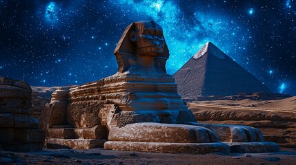 Sphinx and Great Pyramid under starry night sky