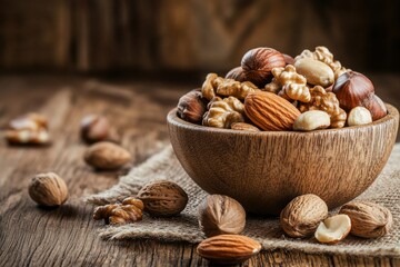 A rustic wooden bowl filled with a variety of nuts, including walnuts, almonds, and hazelnuts