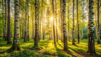 Wall Mural - Golden Sunlight Illuminates a Tranquil Birch Forest, Casting Long Shadows Across the Lush Green Grass