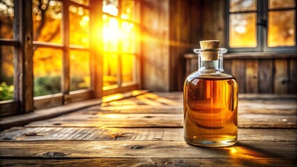 Sticker - A rustic wooden table with a glass bottle filled with amber liquid, bathed in the warm glow of sunlight streaming through a window.