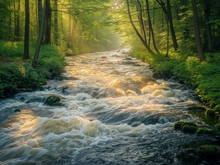 Wall Mural - A stream of water is flowing through a forest. The water is clear and the sun is shining on it, creating a peaceful and serene atmosphere