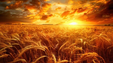 Poster - Golden Wheat Field at Sunset with Dramatic Sky