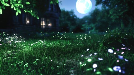 Wall Mural - A quiet meadow under a full moon, with fireflies flickering in the air