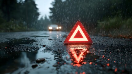 Rain soaked road reflecting the red light of an emergency triangle at night side view emphasizing the danger and alertness needed on wet roads