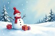 © Stanislava - Cute cheerful snowman with christmas gifts in the forest. Generative AI