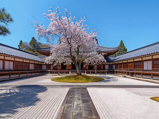 Canvas Print - A courtyard with a tree in the center and a building in the background. The courtyard is empty and the tree is full of pink blossoms