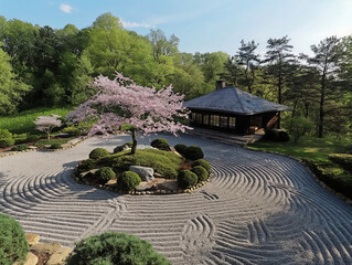 Poster - A Japanese garden with a small house and a cherry blossom tree. The garden is designed with gravel and rocks, and the house is surrounded by a stone wall. The cherry blossom tree is in full bloom