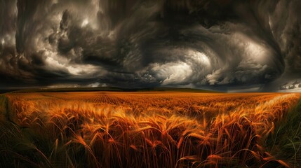 Wall Mural - Dramatic Sky Over Golden Wheat Field Landscape