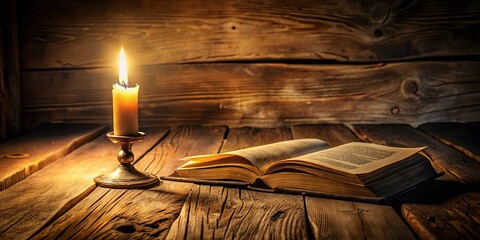 Sticker - A solitary candle casts a warm glow on an open book resting upon a weathered wooden table.