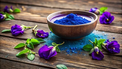 Sticker - A bowl of vibrant blue powder surrounded by delicate purple blossoms with green leaves on a rustic wooden surface.