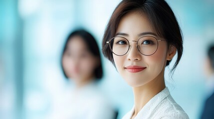 A confident young woman smiles while seated in a modern office. Her glasses and professional attire reflect a successful career environment, showcasing positivity and teamwork.