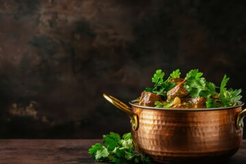 A beautifully arranged copper pot filled with rich vegetable stew, garnished with fresh herbs against a dark background.