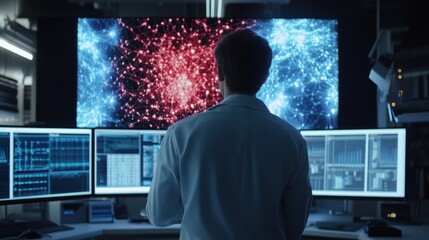 Wall Mural - neural network specialist working on advanced deep learning models in a high-tech lab with large scr