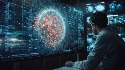 Wall Mural - neural network specialist working on advanced deep learning models in a high-tech lab with large scr