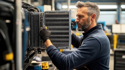 Middle-aged man with gloves inspecting an automotive radiator in a workshop environment