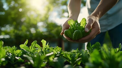 An agronomist carefully gathering an abundant harvest of fresh organic vegetables from a lush green garden