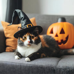 Calico cat wearing witch hat relaxing on sofa for halloween