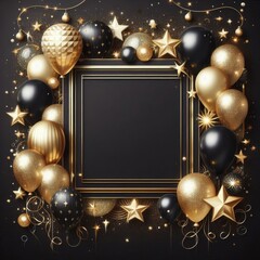 Elegant black and gold party frame with balloons and stars for festive celebrations.