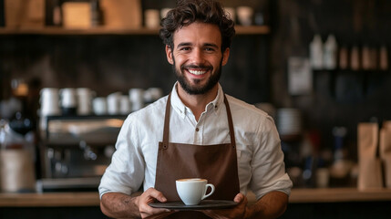 Smiling Barista Holding Coffee in Cozy Café