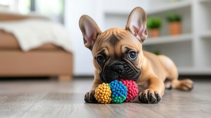 French bulldog puppy chewing on a toy, domestic animal, indoor playful moment