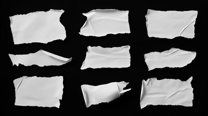 set of torn paper pieces, torn paper, paper material, ripped white paper scrap isolated on black