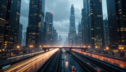 Cars driving fast with light trails on highway at night in modern city