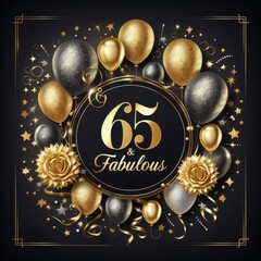 Elegant celebration decoration featuring golden and black balloons for a 65th birthday.