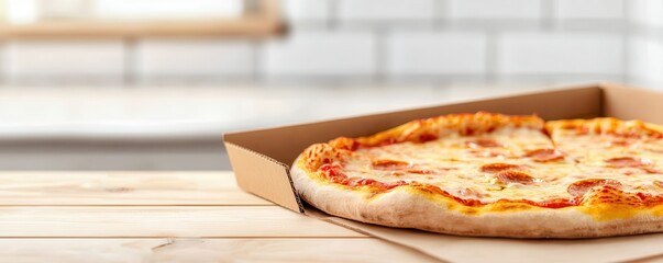 Wall Mural - A box of frozen pizza sits invitingly on a kitchen counter