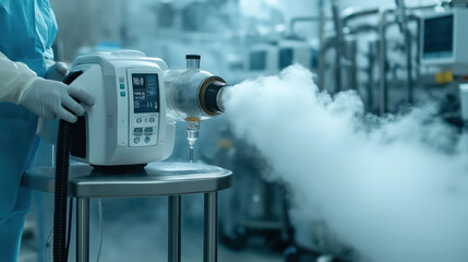 Wall Mural - Laboratory sterilization equipment emitting vapor in a cleanroom, with a worker in protective gear and gloves operating the device on a metal table.