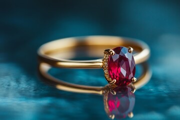 Elegant gold ring featuring a striking red gemstone on a reflective surface with a soft blue background