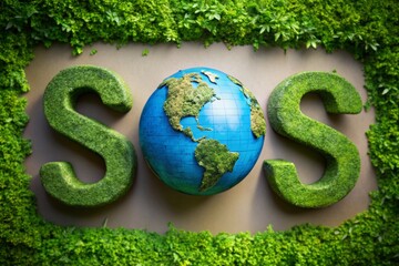 A creative SOS sign made of greenery with a globe in the center, symbolizing environmental awareness and the need for conservation.
