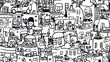 © LuvTK - A dynamic urban chaos-themed pattern featuring various buildings, cars, scooters, street vendors, and crowds of people in a busy marketplace.