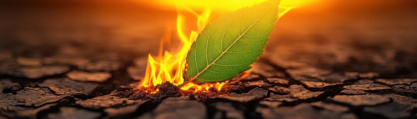 Green leaf on fire in a barren landscape.