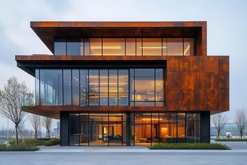 twostory minimalist office building blending industrial elements with large glass windows harmonizing with its modern urban surroundings for a stylish appeal