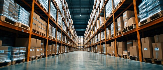 An empty shelving unit stands ready for stocking within a modern warehouse. The clean aisle showcases organized storage, ideal for efficient logistics management.