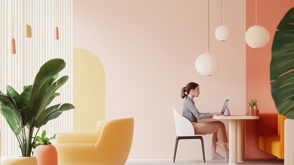 Poster - A woman working on a laptop in a stylish home office with pastel walls and modern furniture during a bright afternoon