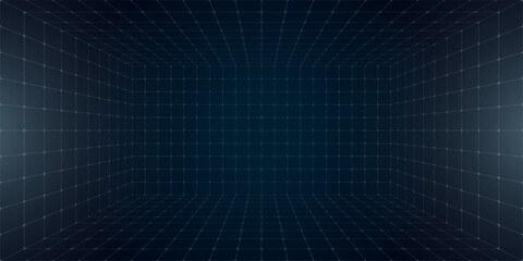 Futuristic perspective grid box featuring abstract wireframe design with white grid lines on dark background. 80s and 90s digital aesthetic. Captures virtual reality landscape in retro future style