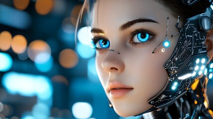 A captivating digital depicting a cyborg woman with glowing blue eyes and exposed mechanical parts set against a neon lit futuristic cityscape filled with skyscrapers and advanced technology