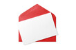 © PrimeMockup - Opened red paper envelope mockup with paper sheet isolated on a transparent background, PNG. High resolution.