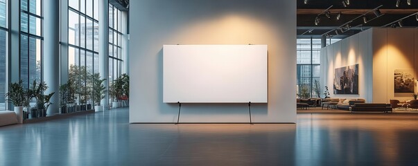 modern office interior featuring a blank whiteboard against a backdrop of large windows and contempo