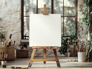 a blank canvas on an easel in a sunlit art studio, ready for a creative masterpiece to emerge and in