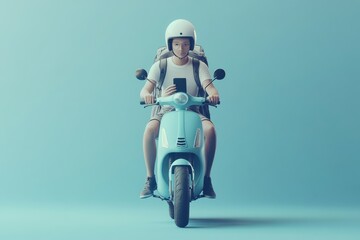 Delivery person riding a blue scooter with a smartphone on a vibrant background, wearing a helmet and backpack, symbolizing modern urban transportation and logistics in a stylish and dynamic way.