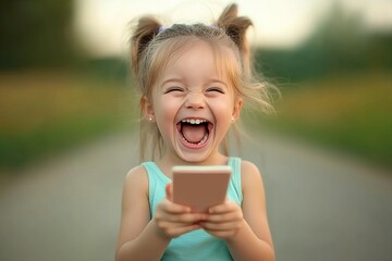 Young girl kid having fun with a smartphone 